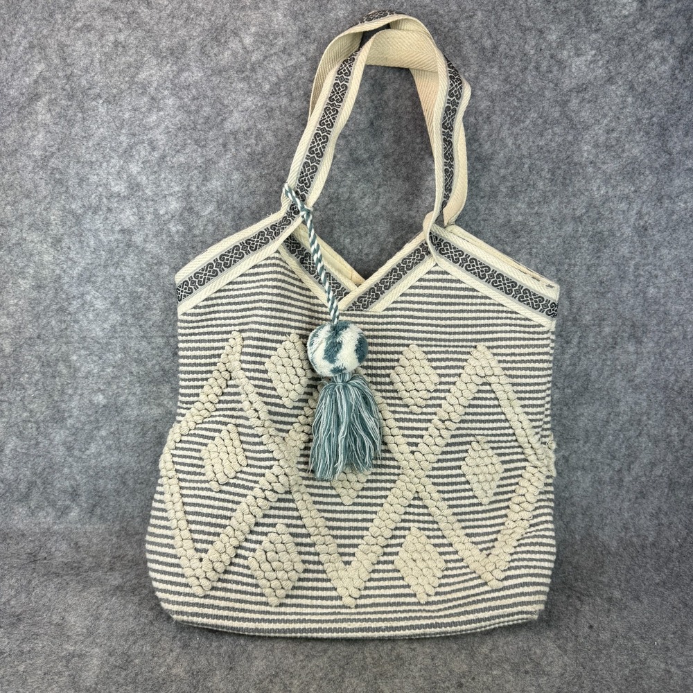 a&p DENIM Tote Bag‎ Boho Embroidered Tassel Fringe Cottagecore Beach Macrame